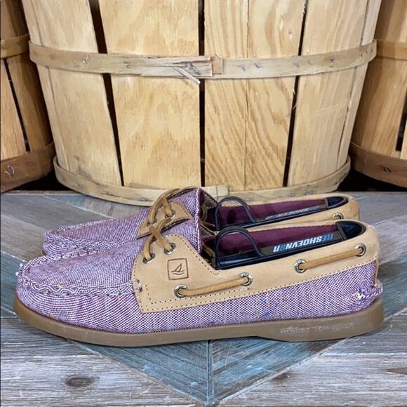 Sperry A/O 2-Eye Fleck Purple Canvas Tan Leather Loafer Boat Shoes Womens Size 7 - Picture 2 of 11